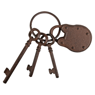 Schlüsselbund mit Schloß, 3 Nostalgie Schlüssel und ein Schloß am Ring