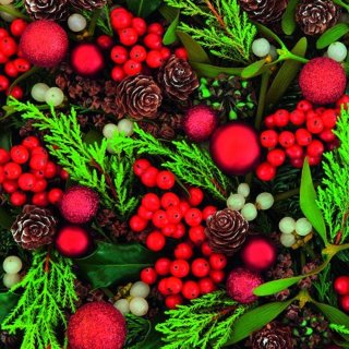 20 Servietten Weihnachten, Rote Beeren, Misteln, Kugeln und Kienäpfel 33x33 cm