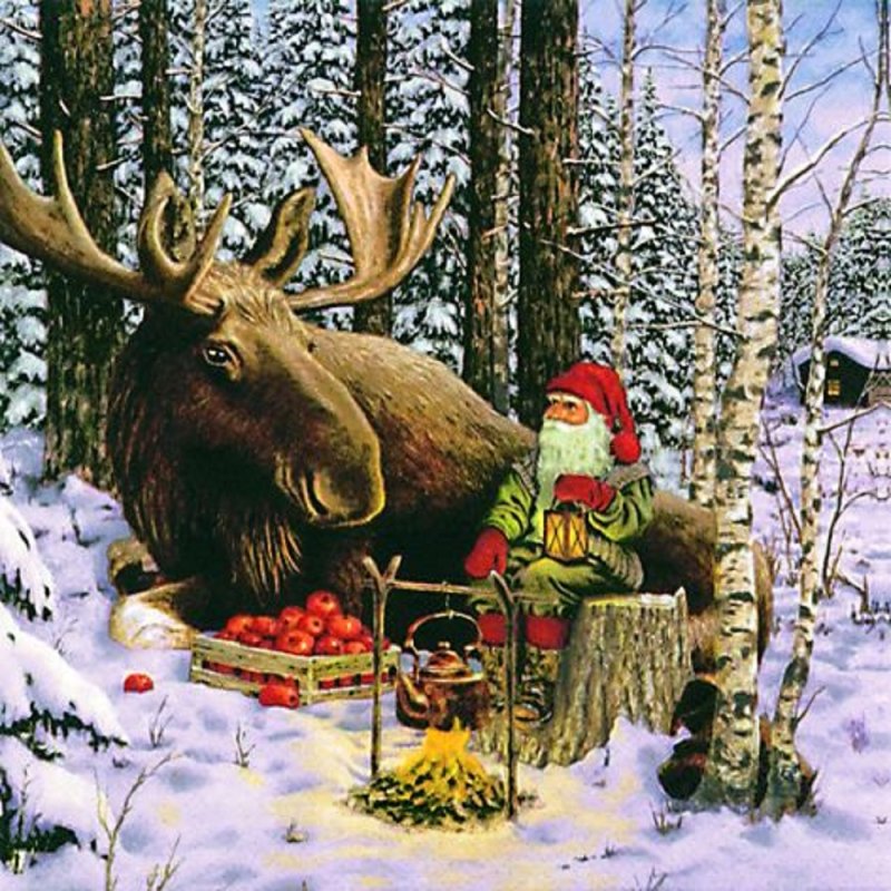 20 Servietten Weihnachten, Weihnachtsmann mit Elch am Lagerfeuer 33x33 cm
