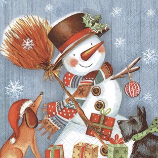 20 Servietten Weihnachten, geschmückter Schneemann mit Besen und Hunden 33x33 cm