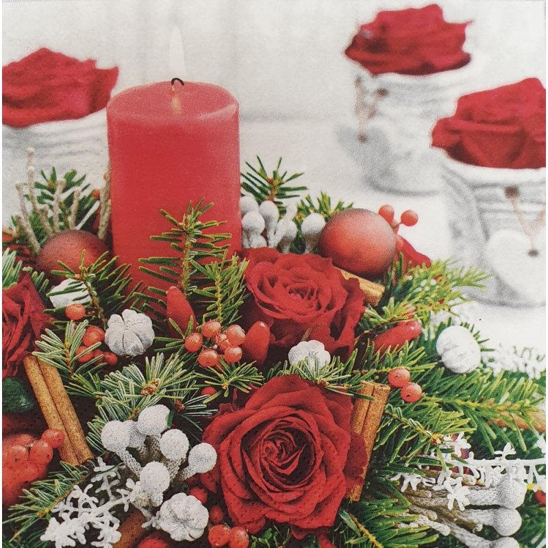 20 Servietten Weihnachten, Rote Rosen, Kerze und Deko auf Tannenkranz 33x33 cm