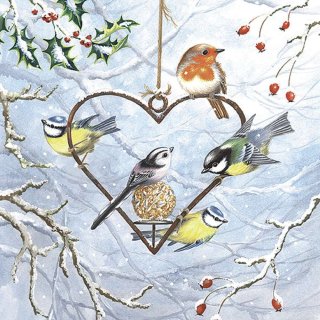 20 Servietten Weihnachten, Herzhänger Futterplatz mit Vögeln 33x33 cm