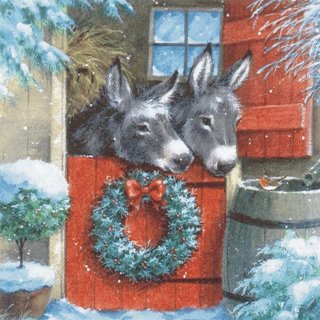 20 Servietten Weihnachten, Zwei Esel im geschmückten Stall 33x33 cm