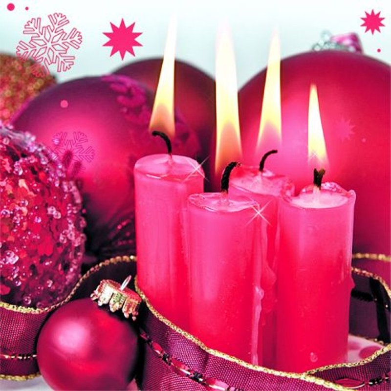 20 Servietten Weihnachten, Vier rote Kerzen und Weihnachtskugeln 33x33 cm