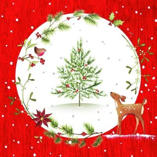 20 Servietten Weihnachten, Rehkitz und Vögelchen mit Weihnachtsbaum 33x33 cm