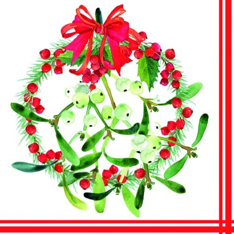 20 Servietten Weihnachten, Mistelkranz mit Roter Schleife 33x33 cm