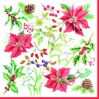20 Servietten Weihnachten, Winterblumen, Hagebutten und Kienäpfel 33x33 cm