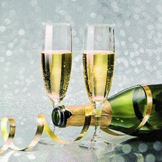 20 Servietten Silvester, gefüllte Champagner Flöten und Luftschlangen 33x33 cm