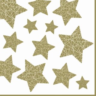 20 Servietten Weihnachten glänzende goldene Sterne auf Weiß 33x33 cm.