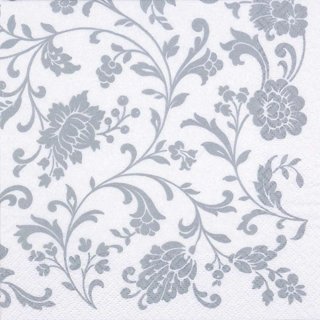 20 Servietten silberne Arabesken, Blütenranken Silber auf Weiß 33x33 cm