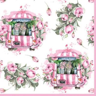 20 Servietten Frühling bunte Szenerie mit Blumenwagen und Rosa Rosen 33x33 cm