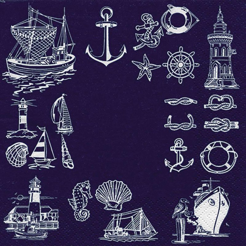 20 Servietten Weiße Maritime Symbole mit Boote Anker und Muscheln auf Blau 33x33