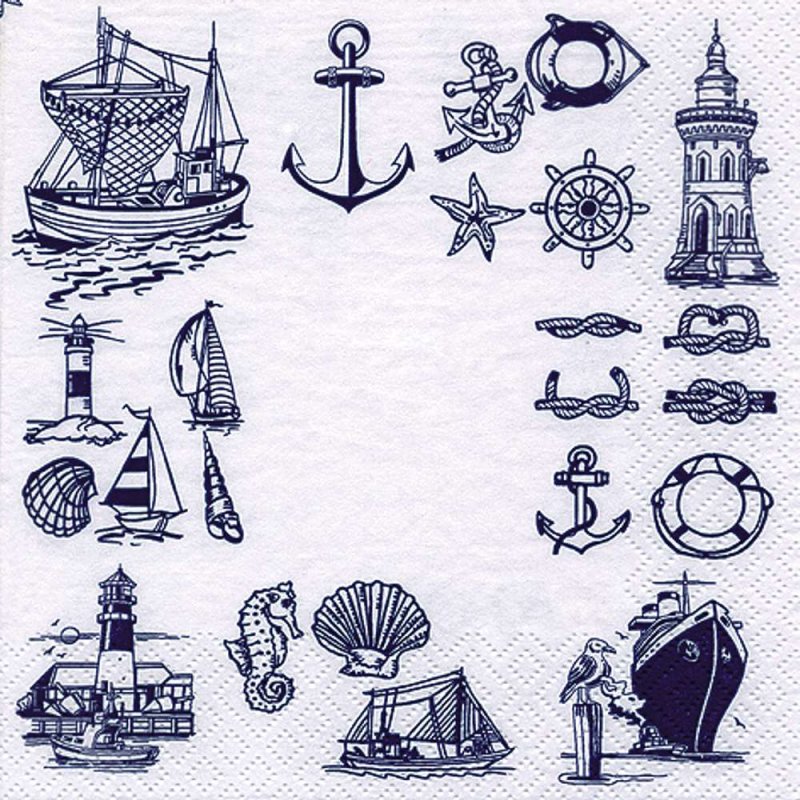 20 Servietten Maritime Symbole Weiße Anker auf Kobaldblau 33x33 cm 