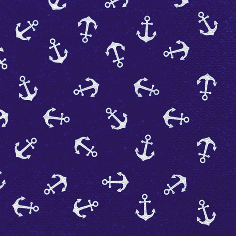 20 Servietten Maritime Symbole, Weiße Anker auf Kobaldblau 33x33 cm