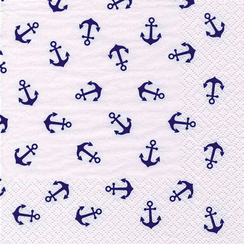 20 Servietten Maritime Symbole, Kobaldblaue Anker auf Weiß 33x33 cm