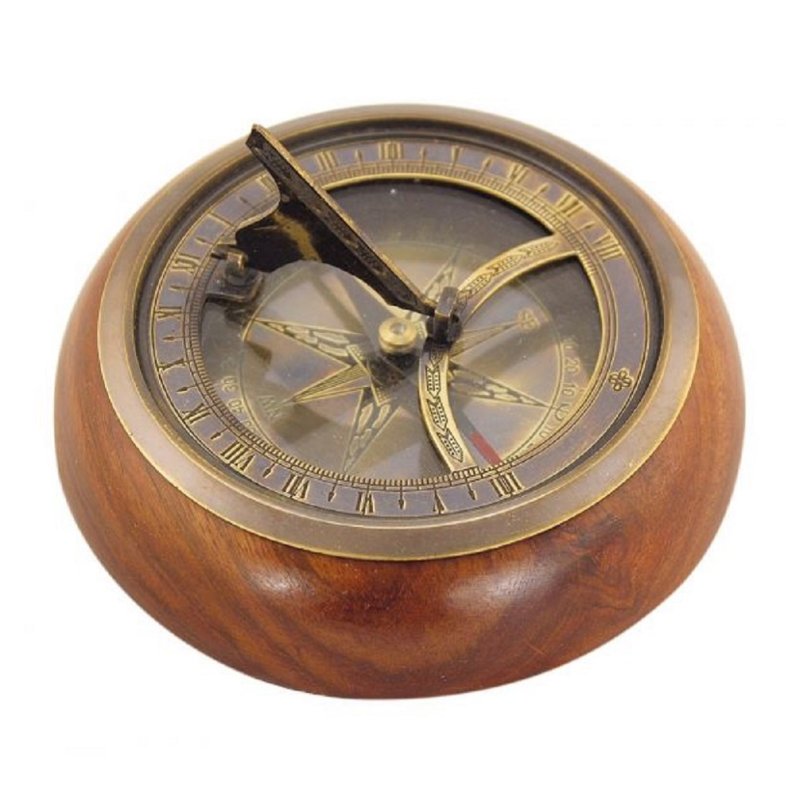 Kompass im Holzkorpus, Sundial Kompass, Sonnenuhr Nadelkompass, Altmessing