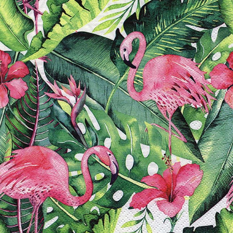20 Servietten Tropen, Flamingos, Strelitzien und Hibiskus 33x33 cm