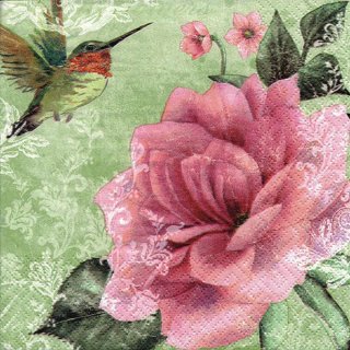 20 Servietten Kolibris und Rosen, romantische Rosen in Oliv 33x33 cm