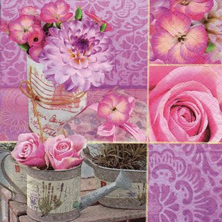20 Servietten Sommer, Rosa Blütencollage mit Rosen und Blüten 33x33 cm