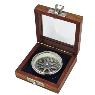 Kompass mit 3D Windrose in der Holzbox, Tischkompass,...