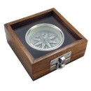 Kompass mit 3D Windrose in der Holzbox, Tischkompass, Magnetkompass, Chrom
