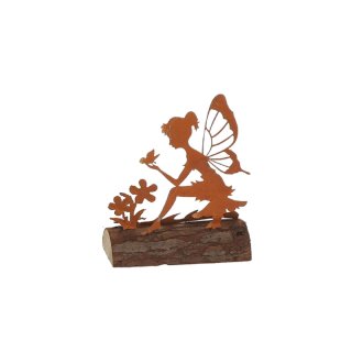 Gartenfigur Elfe auf Baumstamm, kleine Garten Skulptur, Elfenfigur, Gartendeko