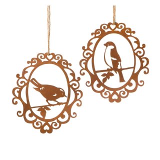 Vogel Hochzeit, 2 Dekohänger im Ornament, Edelrost Fensterdeko, Gartendeko