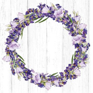 20 Servietten, Lavendelkranz, gebundener Lavendel und Prunkwinde 33x33 cm