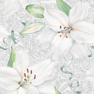 20 Servietten, Weiße Lilien und grüne Bändchen auf antiker Häkelspitze 33x33 cm