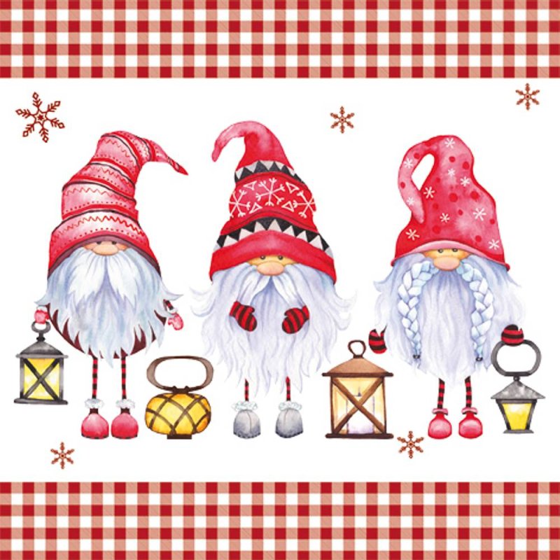 20 Servietten Weihnachten Weihnachtszwerge, Skandinavische Gnome 33x33 cm.