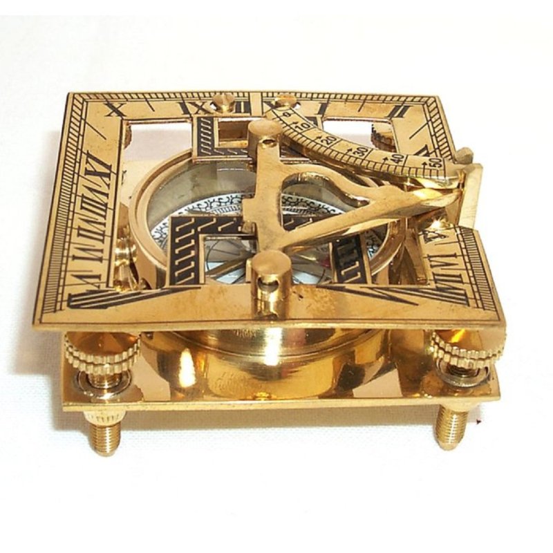 Sonnenuhr-Tischkompass in edler Holzbox Sundial Kompass Messing poliert 