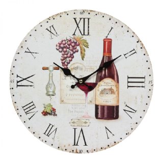 Mediterrane Wanduhr, Landhaus Küchenuhr mit Rotwein Motiv, Kneipen Uhr Ø 28 cm
