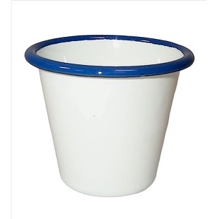 Emaille Becher, Konischer Milchbecher, Trinkbecher weiß- blau 6 cm.