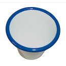 Konischer Emaille Becher, Milchbecher, kleiner Trinkbecher, weiß- blau 6 cm