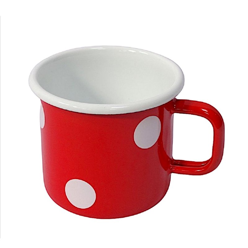 Emaille Tasse, Henkelbecher, Henkeltopf, Kaffeetasse Tupfen Rot Weiß 8 cm
