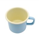 Emaille Tasse, Henkelbecher, Henkeltopf, Kaffeetasse Hellblau Creme 8 cm