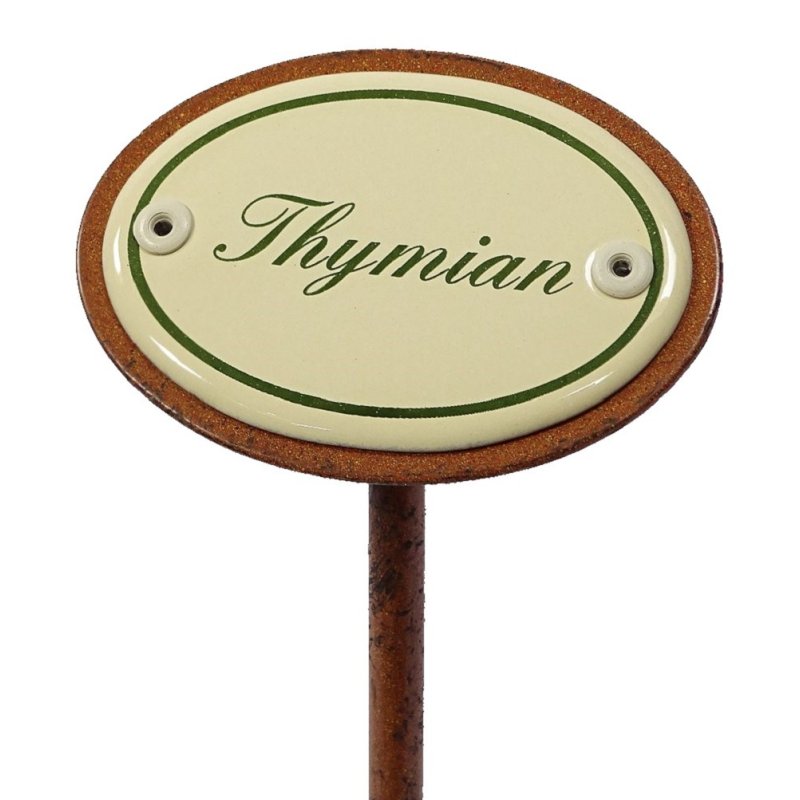 Kräuterschild Thymian, Emaille Kräuterstecker, Beetstecker mit Erdspieß 25 cm