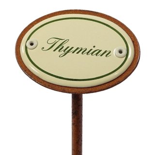 Kräuterschild Thymian, Emaille Kräuterstecker, Beetstecker mit Erdspieß 25 cm