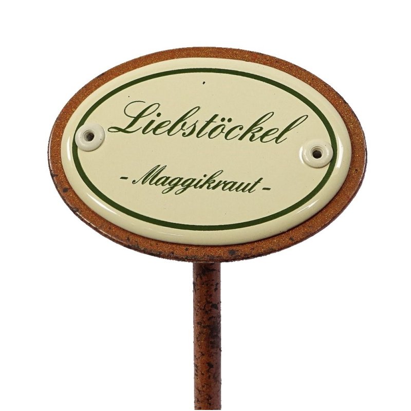 Kräuterschild Liebstöckel, Emaille Kräuterstecker Beetstecker mit Erdspieß 25 cm