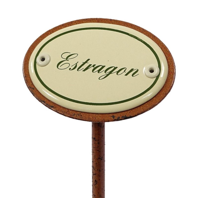 Kräuterschild Estragon, Emaille Kräuterstecker, Beetstecker mit Erdspieß 25 cm