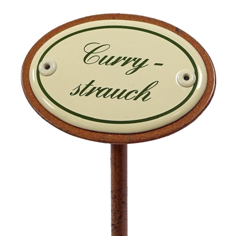 Kräuterschild Currystrauch, Emaille Kräuterstecker, Beetstecker, Erdspieß 25 cm