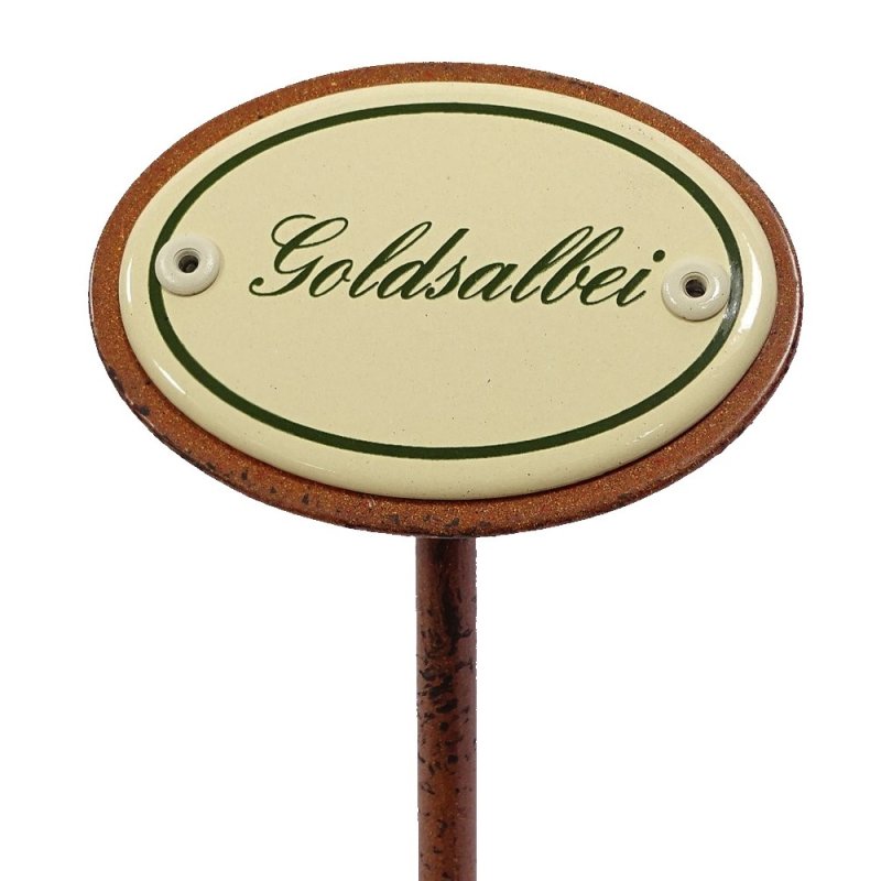 Kräuterschild Goldsalbei, Emaille Kräuterstecker, Beetstecker mit Erdspieß 25 cm