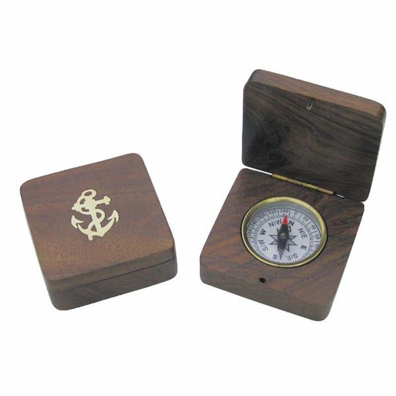 Tischkompass, Magnetkompass, Marine Kompass eingelassen in einer Edelholzbox