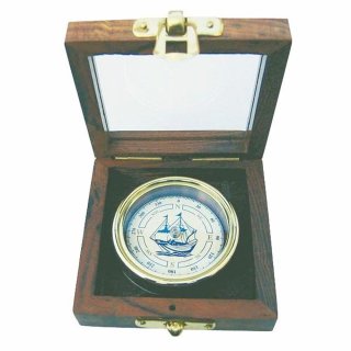 Kompass, Scheibenkompass mit Schiffs- Motiv, Magnetkompass in der Edelholz Box