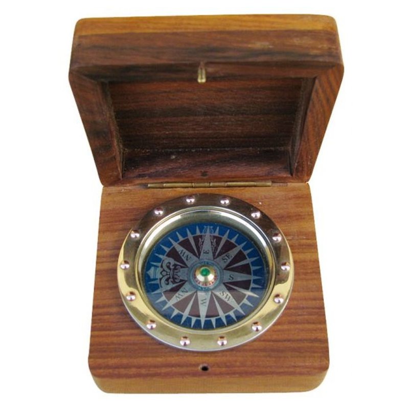 Scheiben Kompass mit Windrosenblatt in Edelholzbox, Messing und Kupfer