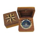 Maritimer Tischkompass, Scheiben Kompass mit Windrosenblatt in Edelholzbox