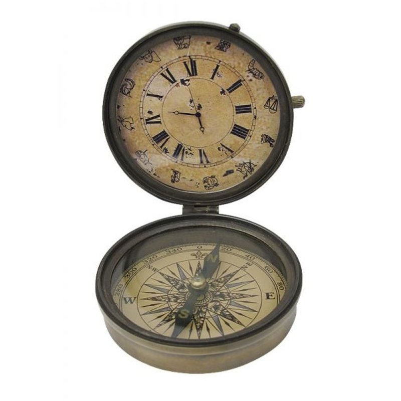 Dosen Kompass mit Uhr, Maritimer Multi Instrumenten Kompass, Altmessing