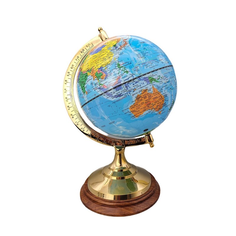 Globus auf massivem Messingstand mit Holzsockel, politischer Globus 22 cm