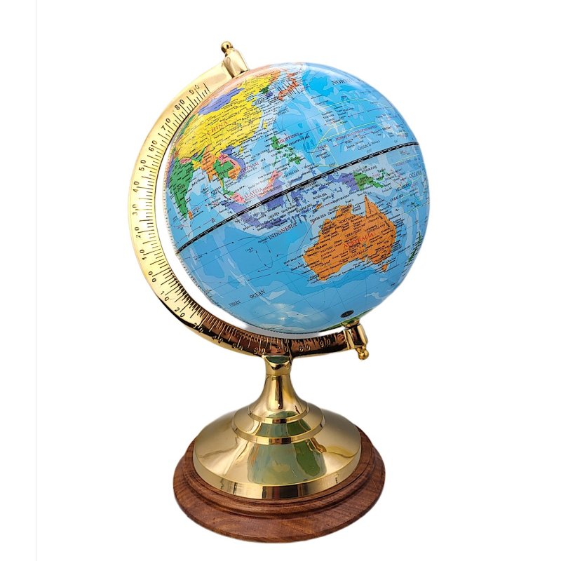 Globus auf massivem Messingstand mit Holzsockel, politischer Globus 34 cm