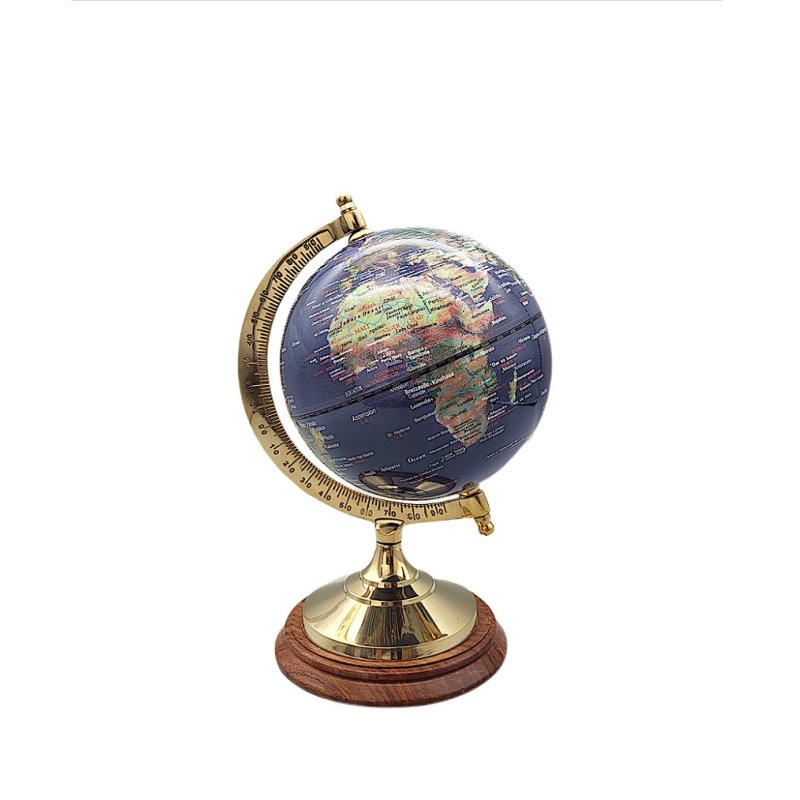 Globus auf massivem Messingstand mit Holzsockel, physischer Globus 22 cm